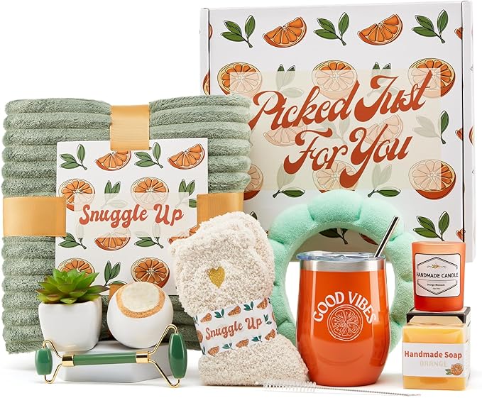 Sunny&Wise Care Package For Women - Designed in USA - Self Care Gifts After Surgery, Get Well Soon, Orange Fruit Themed, Thinking of You, 12 Oz Good Vibes Tumbler - Bloomnest