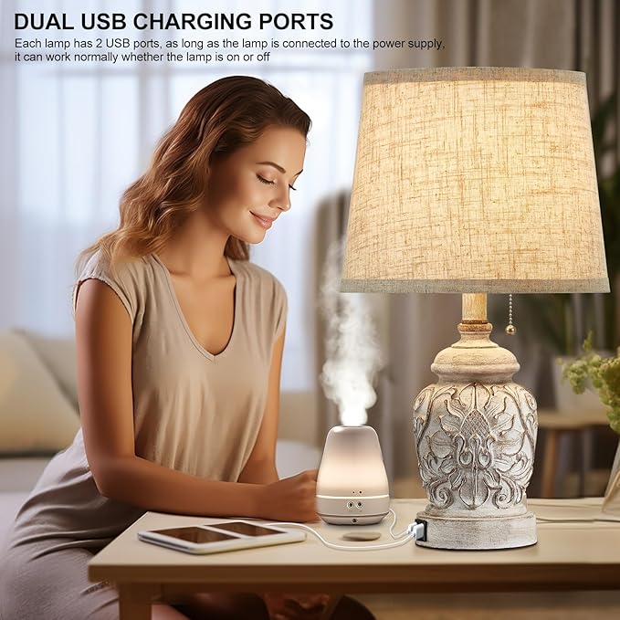 19.5" Vintage Rustic Table Lamp Set of 2 Farmhouse Table Lamps for Living Room Bedroom Decor with USB Ports Traditional Carved Floral White Bedside Night Light Lamps with Pull Chain Switch - Bloomnest