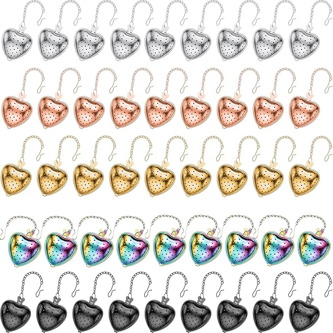 Sumind 50 Pcs Stainless Steel Tea Strainer Ball Infuser Loose Leaf Steeper Interval Diffuser Heart Shape Mesh Filters with Extended Chain Hook for tea party Seasonings Cup Bottle (Multicolor) - Bloomnest