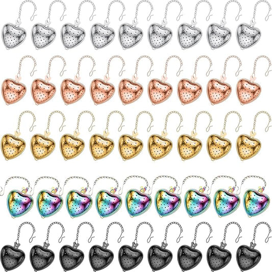 Sumind 50 Pcs Stainless Steel Tea Strainer Ball Infuser Loose Leaf Steeper Interval Diffuser Heart Shape Mesh Filters with Extended Chain Hook for tea party Seasonings Cup Bottle (Multicolor) - Bloomnest