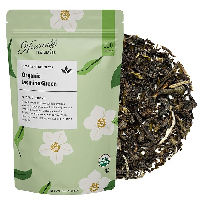 Heavenly Tea Leaves Organic Jasmine Green, Bulk Loose Leaf Green Tea, 1 Lb. (Approx. 200 Servings) - Antioxidant & Immune Boosting, Hot or Iced Tea, Great Natural Energy Source - Bloomnest