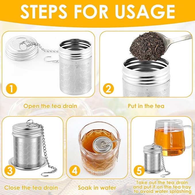 4PCS Tea Infuser Strainers with Drip Tray 304 Stainless Steel Tea Filter Strainer with Chain Hook Fine Mesh Tea Infuser Steeper Reusable Tea Strainers Easy to Use for Loose Tea Mulling Spices