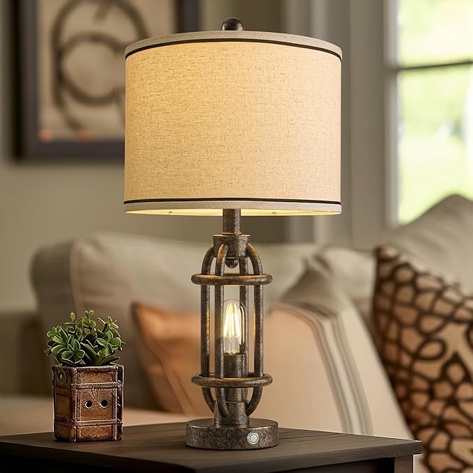 23.75'' Table Lamps Set of 2 for Living Room Bedroom Industrial Farmhouse Metal Touch Lamps with USB A+C Ports, Night Light Vintage Nightstand Bedside Lamp, Bulbs Included, Bronze - Bloomnest