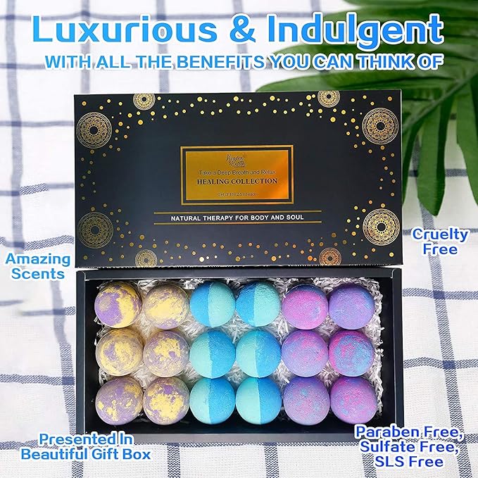 Aromatherapy Bath Bomb Set for Women & Men! Healing Essential Oil Bath Bombs Gift Box with 18 Large Natural Moisturizing Bath Fizzies Bulk Wrapped BathBomb Gift Set for Dry Skin - Bloomnest