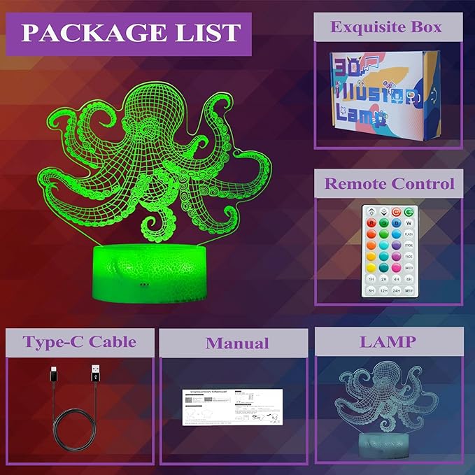 Octopus Night Light, 3D Illusion Night Light Lamp, Octopus Stuff with 16 Colors Changing, Timer, 4 Flash Modes and Dimmable, Kids Room Decoration, Xmas Gifts - Bloomnest