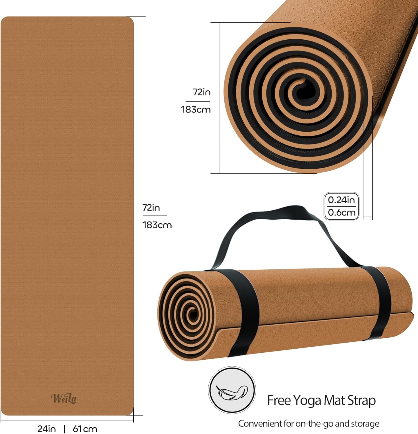 Non-slip TPE Yoga Mat for Women & Men,72"x24" Double-Sided Workout Mat for Home Gym Pilates Fitness,1/4 Inch Packable Lightweight Exercise Mat with Strap for Travel,Non Toxic Exercise Floor Mat
