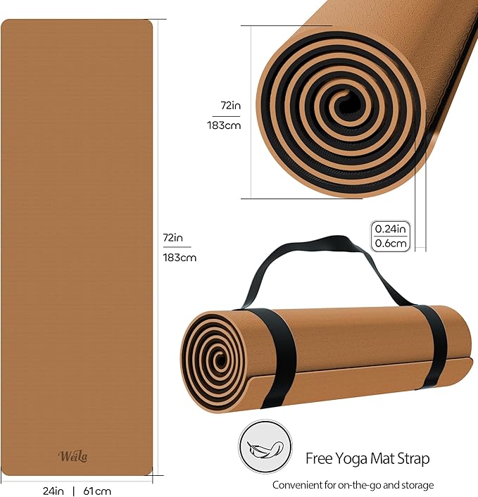 Non-slip TPE Yoga Mat for Women & Men,72"x24" Double-Sided Workout Mat for Home Gym Pilates Fitness,1/4 Inch Packable Lightweight Exercise Mat with Strap for Travel,Non Toxic Exercise Floor Mat - Bloomnest