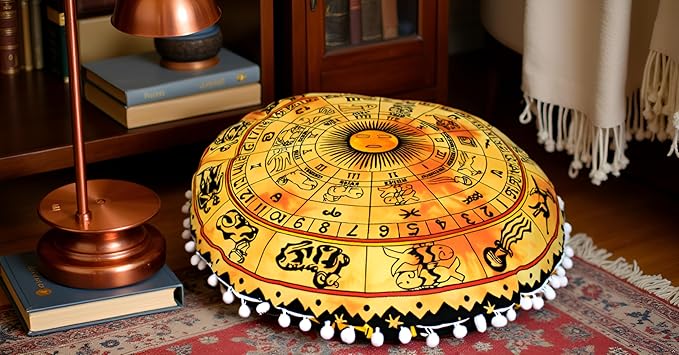 CRAFT KALA 32" Round Large Round Bohemian Floor Pillow Pouf Cover Mandala Meditation Room Pillow Cover for Adults Boho Seating Poufs Cushion Cover for Kids Playroom Yellow Zodiac - Bloomnest