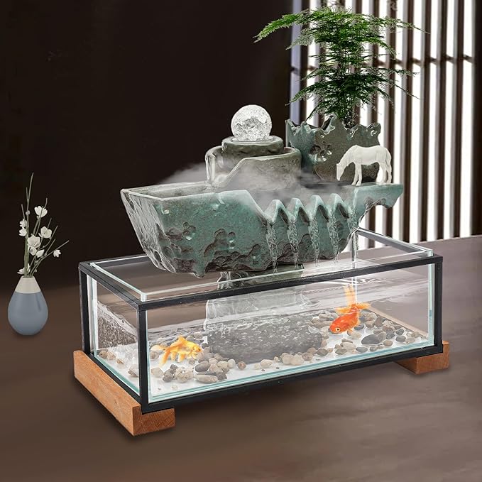 Indoor Resin Glass Fish Tank Waterfall,Desktop Rockery Waterfall Fountain with Fish Tank&Rockery for Home/Office Decor - Bloomnest