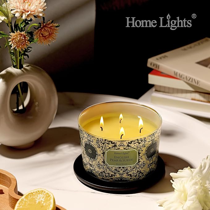 HomeLights Soy Wax Candles for Home Scented, 4-Wick Candles in English Pear & Suede Scented, Aromatherapy Candles Gift for Parties, Relaxing, Bohemian Natural Textures, 18oz - Bloomnest
