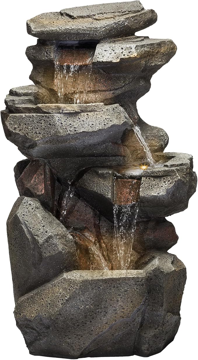Alpine Corporation WIN1184 40" 3-Tier Outdoor Rock Waterfall Floor Fountain with Color-Changing LED Lights, Cascading Water Feature for Gardens, Patios, and Yards, Gray - Bloomnest