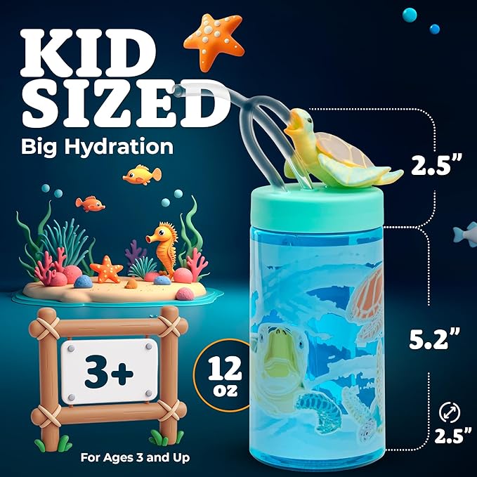 Kids Water Bottle, Toddler Cups, Tumbler with Lid and Straw, Travel Sippy Cup for Water or Milk, Kids Cups with Lids for Toddlers 3 and Up, BPA Free Plastic, 12 oz (Sealife Sea Turtle) - Bloomnest