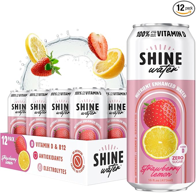 Shine Water Strawberry Lemon Vitamin D Electrolyte Drinks 12-Pack, Sugar Free Flavored Water with Magnesium, Zinc & Antioxidants, Low Calorie Hydration Beverage, Plant-Based Vitamin Water Zero Sugar - Bloomnest