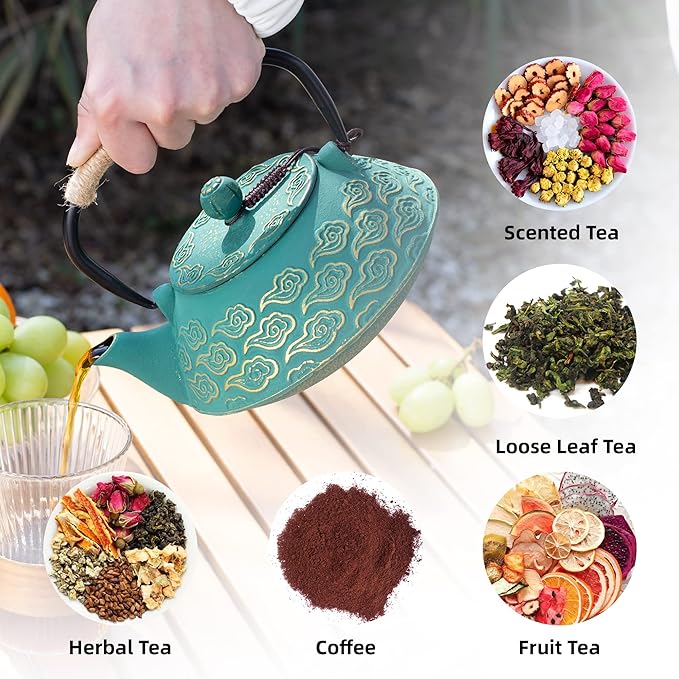 Cast Iron Teapot, Japanese Tea Pot with Infuser for Loose Leaf, Tea Kettle Stovetop Safe Coated with Enameled Interior, Clouds Pattern 27oz, 800ml Black