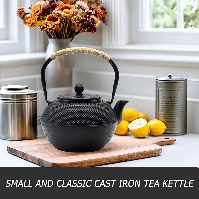 YJX 40.6 fl oz Cast Iron Teapot Set, Japanese Tetsubin Tea Set with Cast Iron Teacups, Small Tea Kettle Set with Strainer for Loose Tea, Enameled Interior (1200ml Tea Set with Cups and Saucers) - Bloomnest