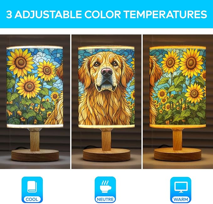 Golden Retriever Table Lamp LED 3-Color Pressed Bedside, Dog Shade Lamp with Wood Base for Bedroom Living Room Desk Office - Bloomnest