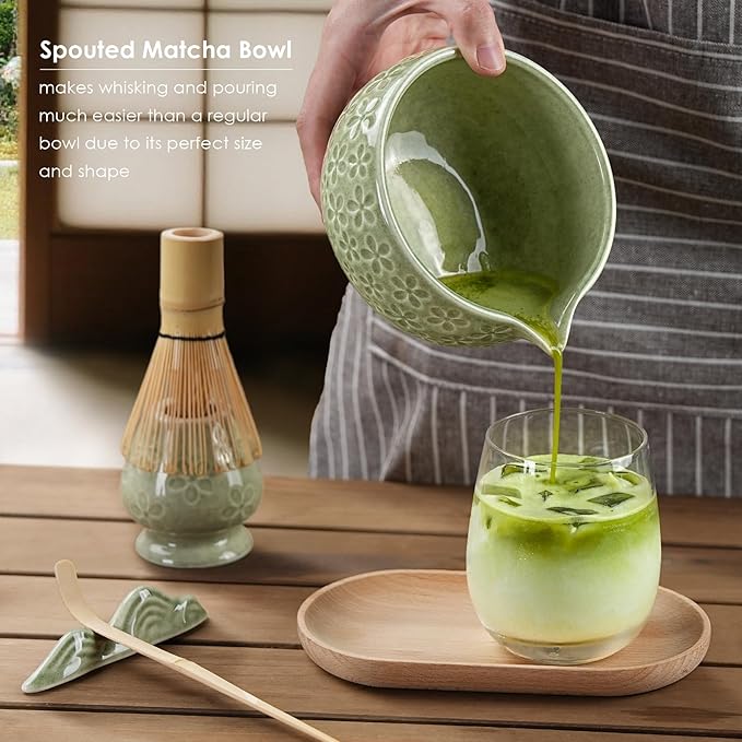 7Pcs Matcha Whisk Set, Ceramic Matcha Bowl with Spout, Bamboo Whisk and Holder,Bamboo Scoop,Scoop Rest,Sifter,Tea Towel, Matcha Kit with Cherry Blossom Carved Patterns for Matcha Lovers (Sakura Green) - Bloomnest