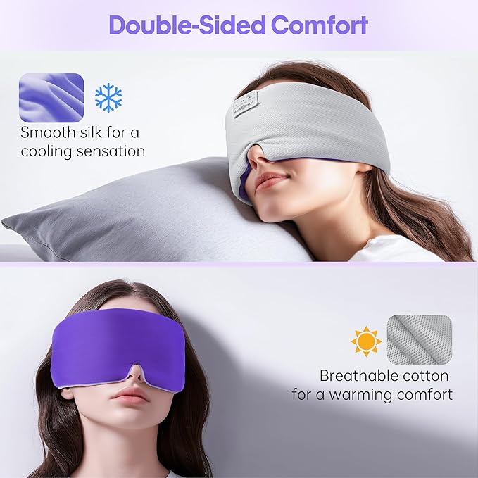 MUSICOZY Ice Silk Sleep Headphones with Bluetooth Mask, Eye Mask for Sleeping in Total Darkness, 5.4 Bluetooth Sleep Mask Sleep Headphones, Soft, Gifts for Men Women (Purple) - Bloomnest