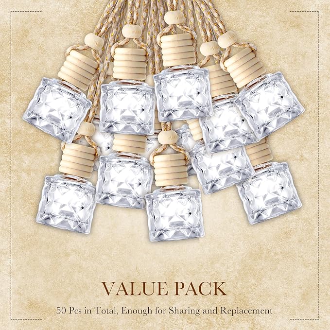 BBTO 50 Pcs Hanging Car Air Freshener Car Diffuser Bottles Empty Glass Perfume Bottle Freshener Diffuser Bottle Pendant for Essential Oil Fragrance Aromatherapy Bottle Ornament(Diamond) - Bloomnest