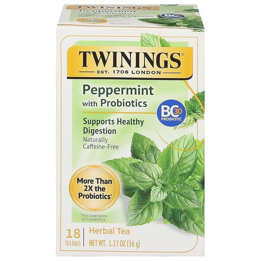 Twinings Superblends Probiotics+ Peppermint & Fennel Herbal Tea, 250 Million CFUs per Cup, 18 Tea Bags (Pack of 1), Naturally Caffeine-Free, Enjoy Hot or Iced