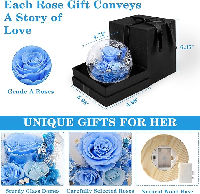 FIACO Preserved Rose Birthday Gift for Women Forever Fresh Flowers for Prime Delivery Gift for Mom Grandma Wife Valentines Mothers Day Christmas Anniversary Eternal Roses in Glass Dome - Bloomnest