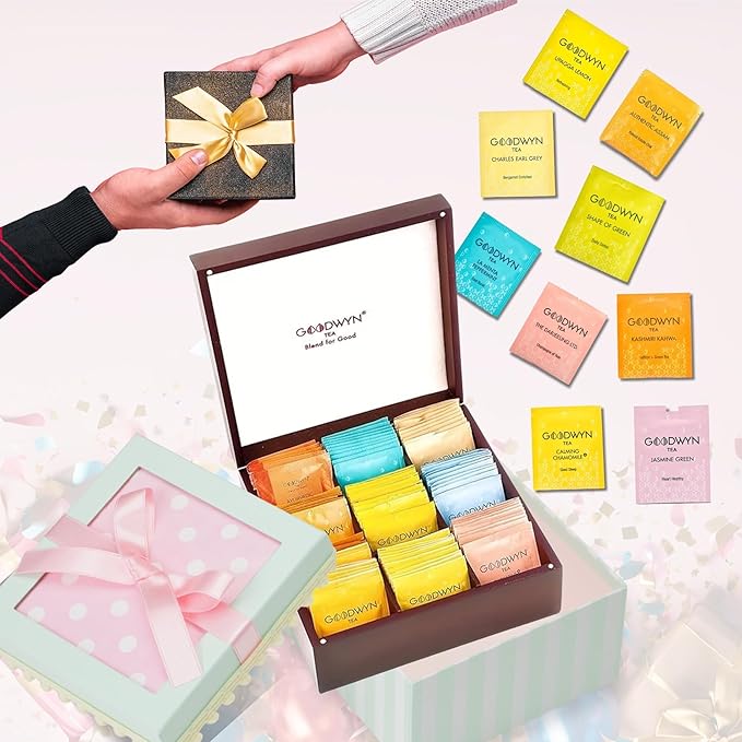 Goodwyn Assorted Tea Sampler Box – 90 Individually Wrapped Tea Bags | Premium Herbal, Black & Green Tea Collection in Reusable Wooden Chest | 9 Flavors x 10 Each: Peppermint, Chamomile, Assam, Darjeeling, Lemon, Green Tea, Kahwa, Jasmine, Earl Grey | I... - Bloomnest