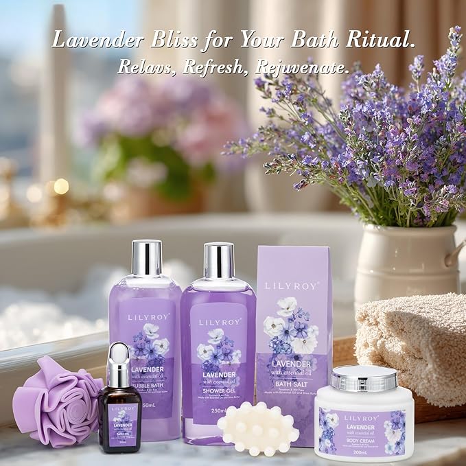 Valentines Day Gifts for Women - 8 Pcs Lavender Bath and Body Gift Set for Women, Spa Gift Basket | Mothers Day Gifts for Mom, Birthday, Self Care, Christmas Gift, All Occasion