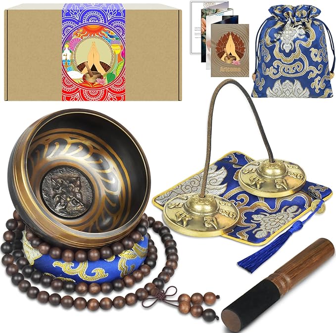 Artcome 7PCS Tibetan Meditation Set - Tibetan Singing Bowl & Tibetan Tingsha Cymbals Bells Handmade in Nepal for Meditation, Yoga, Tranquility, Relaxation, Chakra Healing, Stress Relief & Mindfulness - Bloomnest