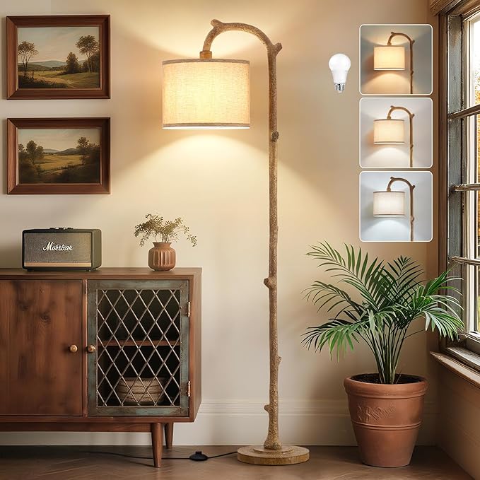 Floor Lamp for Bedroom - 69" Rustic Farmhouse Tall Lamp with 3 Color Temperatures- Country Resin Vintage Reading Light Standing Lamps for Living Room Office Classroom Home Decor, Bulbs, Brown - Bloomnest