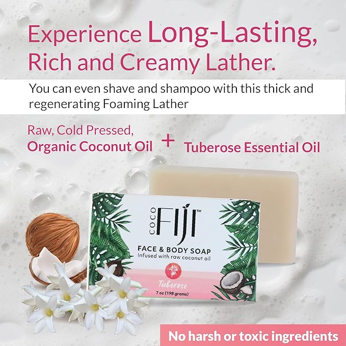 Coco Fiji, Coconut Oil Infused Soap, Bar 7oz (Tuberose, Pack of 2) - Bloomnest