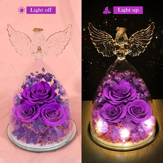 Valentines Day Gifts for Her Women Preserved Flower Rose, Forever Eternal Flowers in Glass Angel Figurines Flowers for Delivery Prime Purple Gift for Grandma Mom Sister Wife Girlfriend Mother Birthday - Bloomnest