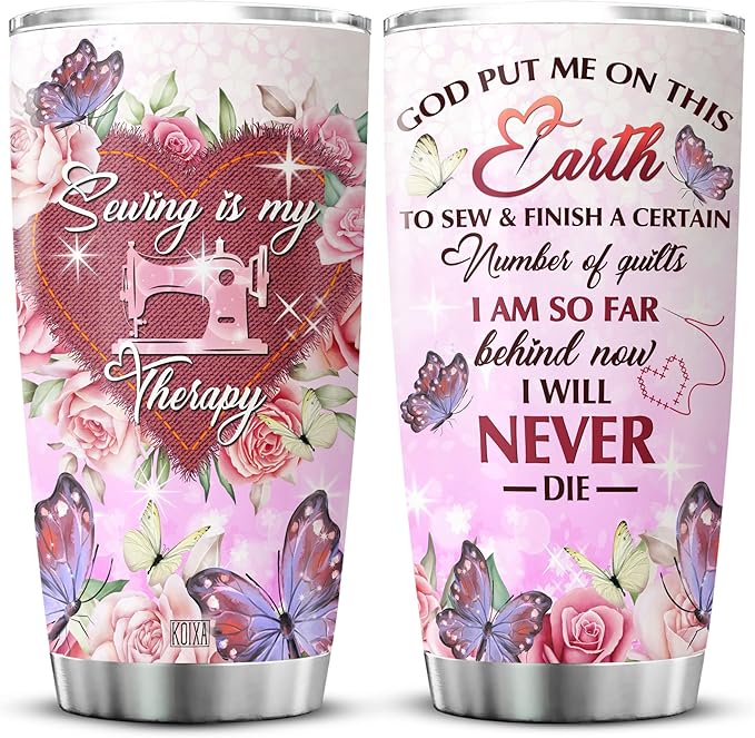 Sewing Is My Therapy Stainless Steel Tumbler 20 Oz Flower Butterfly Christmas Gifts For Quilters And Sewers Women Birthday Insulated Cup With Lid Coffee Mugs About Quilting - Bloomnest