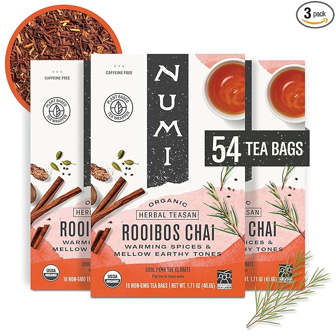 Numi Organic Rooibos Chai Tea Bags, 18 Tea Bags (Pack of 3), Red Tea with Cinnamon, Allspice & Ginger, Caffeine Free - Bloomnest