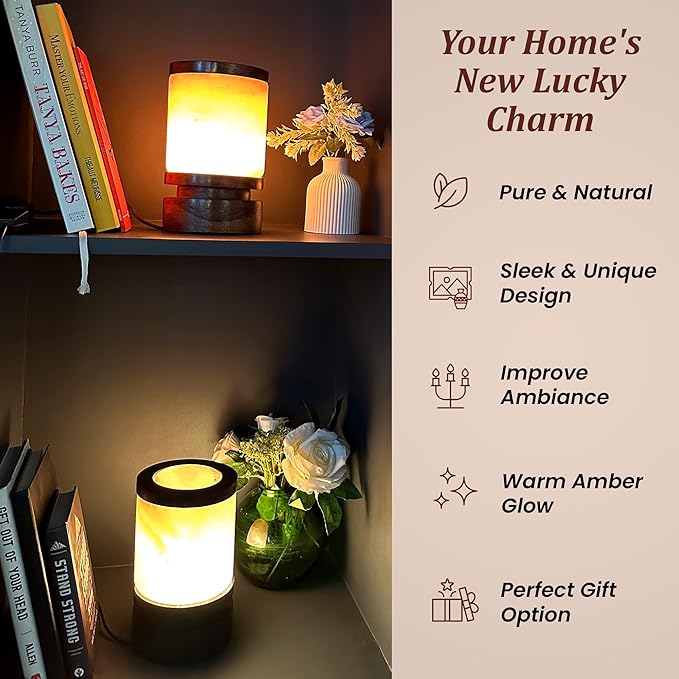 POHS Himalayan Pink Salt Round Lamp with Premium Brown Polished Wooden Base, 60'' Long Dimmer Switch Cord and Two Light Bulbs; Hand Crafted,for Home, Office and Gift for Christmas