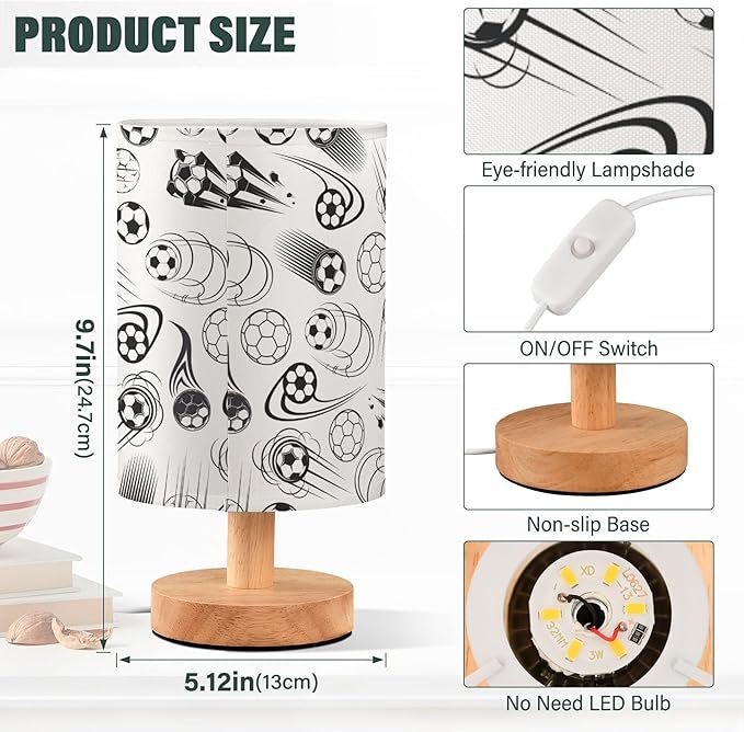 Table Lamp Black and White Soccer Ball Sport Theme American Football Pattern Nightstand Lamp with Wood Base Fabric Lamp Shade Bedside Desk Lamp for Living Room Bedroom Kids Room Office - Bloomnest