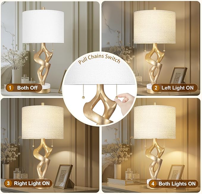 Scenekoy Sculptural Table Lamp Set of 2 with USB Ports for Bedroom Living Room, 26” Gold Leaf Marble Base Bedside Lamps, Pull Chains Switch Modern Nightstand Lamp for Home Room Decor (Bulbs Included) - Bloomnest