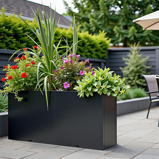 KOL Galvanized Steel Planter Box, with Insert Tray Drainage Holes, Rectangular Black Powder Coated Metal Planter, Outdoor Use, Heavy Duty Modern Flower Pot (Black, 36" H x 11" W x 32" L) - Bloomnest