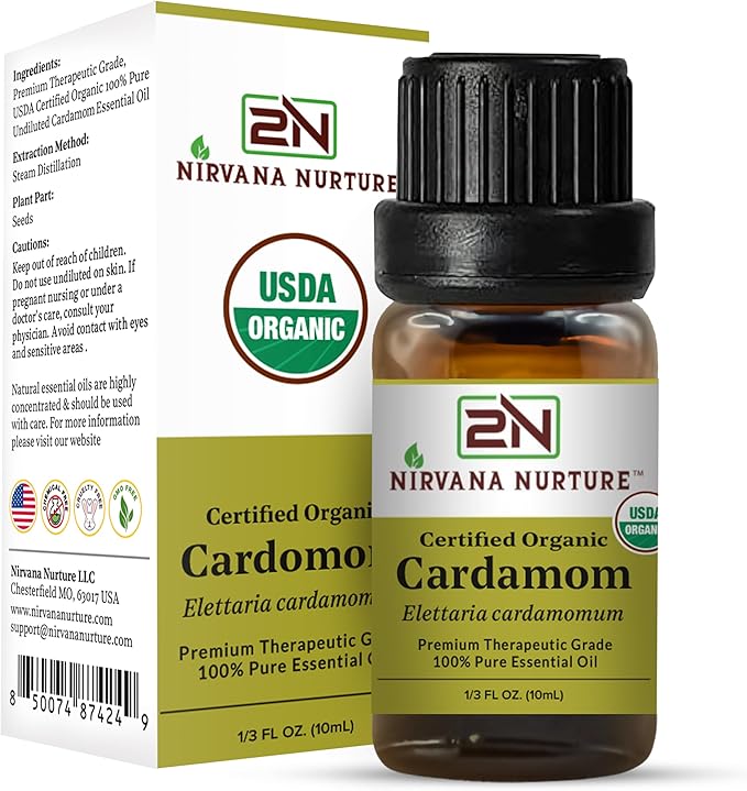 Cardamom Essential Oil, USDA Certified Organic, 100% Pure Undiluted, Aromatherapy Oil for Diffuser, Hair & Skin Care NirvanaNurture
