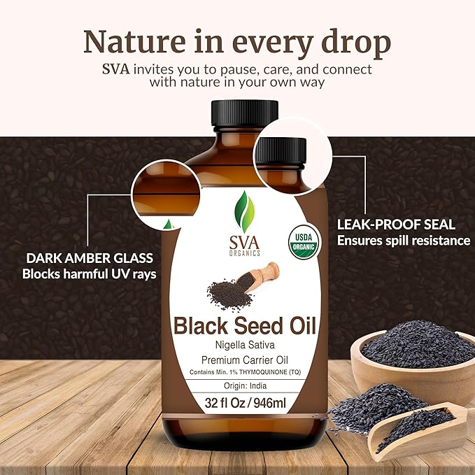 SVA Black Seed Oil Organic - 32 Fl Oz – 100% Natural Cold Pressed Organic Black Seed Oil - for Face, Skin Care, Hair Care, Scalp Massage & Body Massage – Carrier Oil - Bloomnest