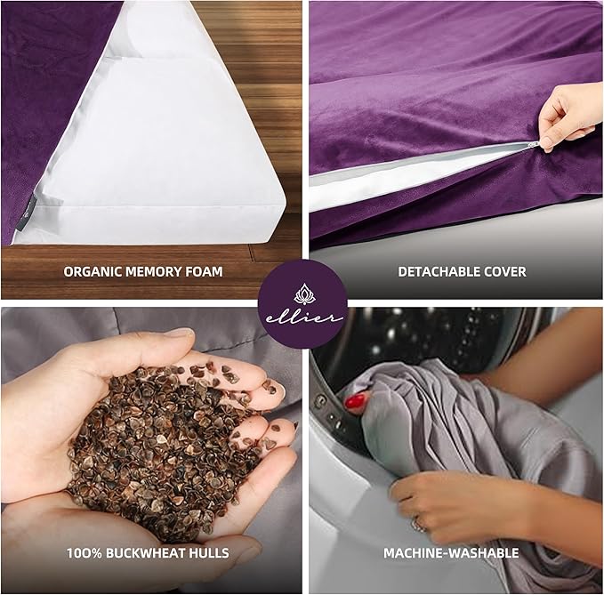 Zafu & Zabuton Meditation Cushion Set - Buckwheat Hull & Memory Foam Pillows, Ergonomic Support for Yoga, Mindfulness - Organic Velvet Cover, Large Size, Durable Comfort (Purple) - Bloomnest