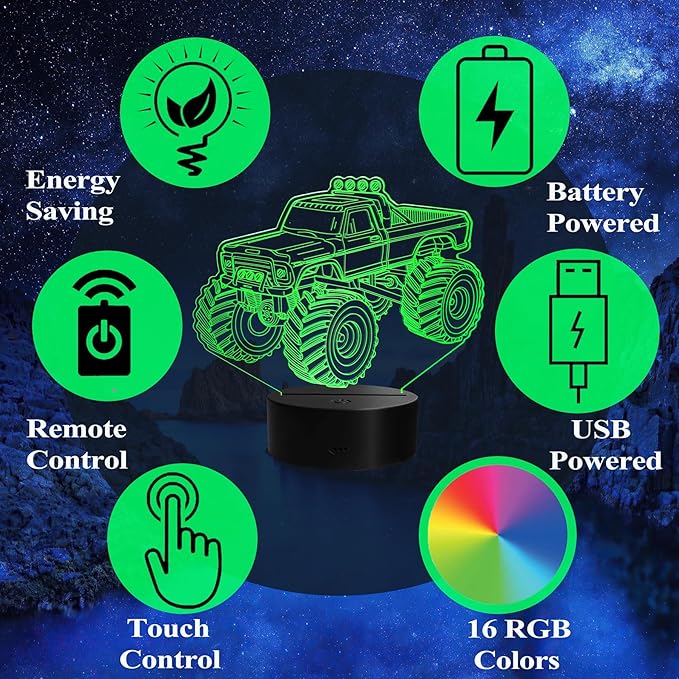 Monster Truck Night Light, Monster Truck Gifts, 3D Illusion Lamp with Remote Control, 16 RGB Colors, 4 Flashing Modes, Timer, Dimmable, Kids Room Decoration for Holiday Birthday Christmas - Bloomnest