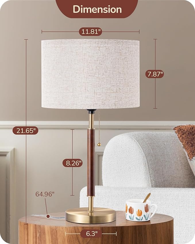 EDISHINE Mid Century Table Lamp, Bedside Lamp with Pull Chain Switch, Solid Wood & Metal Pole, Modern Nightstand Table Lamp for Living Room, Bedroom, Office, Frosted Bronze & Wood Finish - Bloomnest