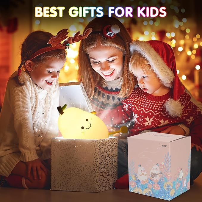 Night Light for Kids, 7 Color Changing BPA-Free Silicone Lamp with Touch Control, Eye Protection, Rechargeable Battery, Soft & Safe Nursery Lamp for Boys & Girls (Pear) - Bloomnest