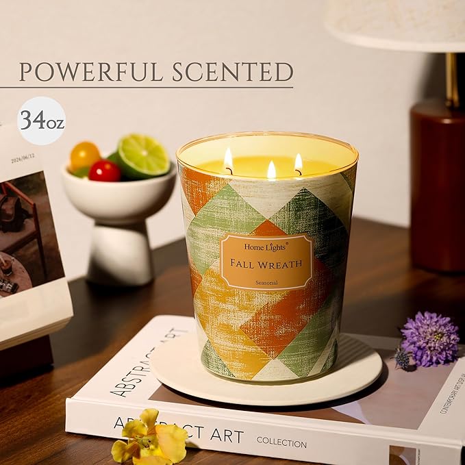 HomeLights Large jar Candle | 3-Wick Long-Lasting Scented Candles, 34oz Natural Soy Wax Candle for Home Scented, Rustic Modern Gifts for Women & Men, Fall Wreath - Bloomnest