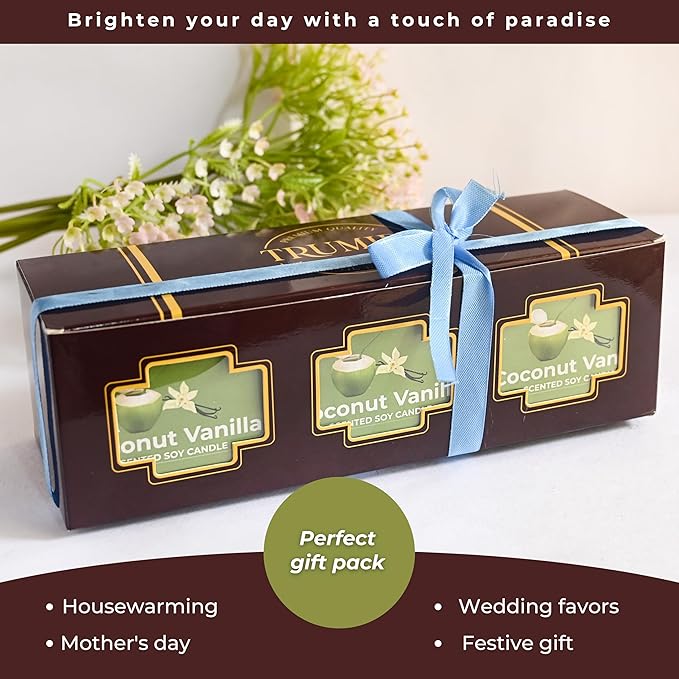 Coconut Vanilla - Aromatherapy Candles for Home Scented - Pack of 3-5oz Natural Soy Wax Clean Organic Non Toxic - Long Lasting Highly Scented with Essential Oils - Gifts for Women Relaxing Spa TRUMIRI