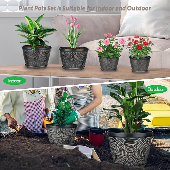 Quarut 4 Pack 8 Inch Flower Pots for Outdoor Indoor, Plastic Plant Pots with Drainage Hole & Saucer, Lightweight Small Flower Pot, Circle Pattern Planters for Garden House planters（Black Copper） - Bloomnest
