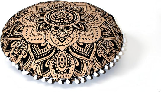 CRAFT KALA Large Round Bohemian Floor Pillow Pouf Cover Mandala Meditation Room Pillow Cover for Adults Boho Seating Poufs Cushion Cover for Kids Playroom Metallic Gold Flower 32" - Bloomnest