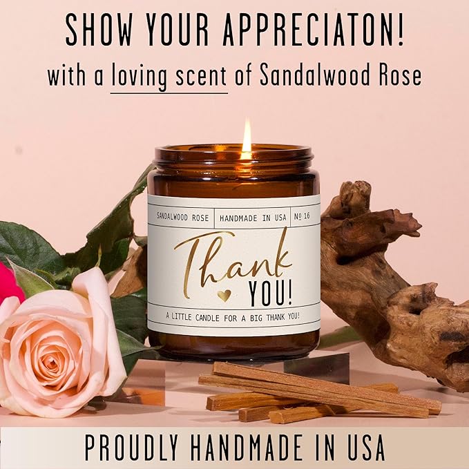 Thank You Gifts for Women - 'Thank You' Candle, w/Sandalwood Rose I Appreciation Gifts for Women I Thank You Gift for Friends, Couples, Coworkers, Boss, Teacher, Staff, Employee I 50Hr Burn, USA Made - Bloomnest