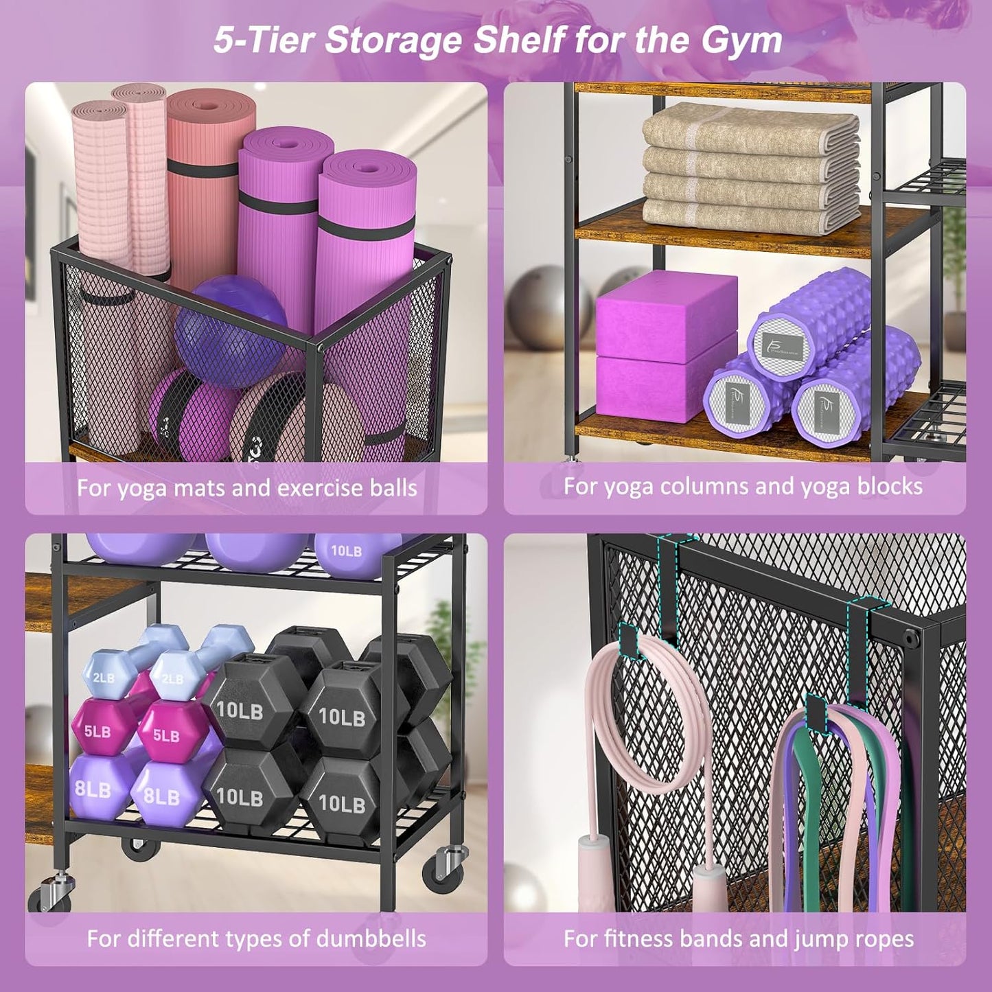 5 Tier Dumbbell Rack, Yoga Mat Storage Holder, Home Gym Storage Rack, Workout Equipment Storage Organizer, Weight Storage Holder Rack with Hooks and Wheels