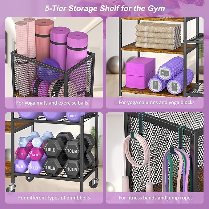 5 Tier Dumbbell Rack, Yoga Mat Storage Holder, Home Gym Storage Rack, Workout Equipment Storage Organizer, Weight Storage Holder Rack with Hooks and Wheels - Bloomnest